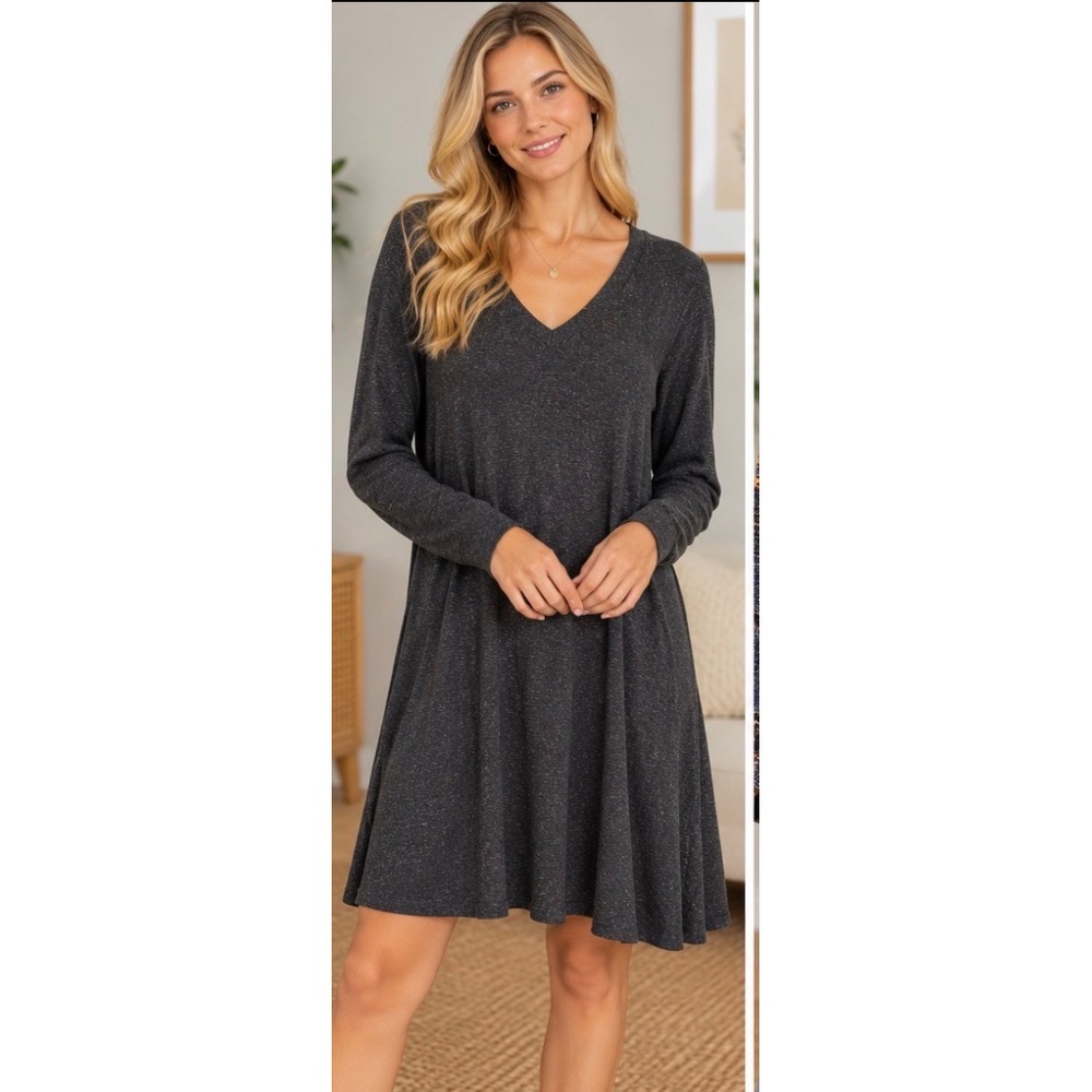 Eileen Fisher Charcoal Grey Italian Yarn V-Neck Long Sleeve Sweater Dress M_263